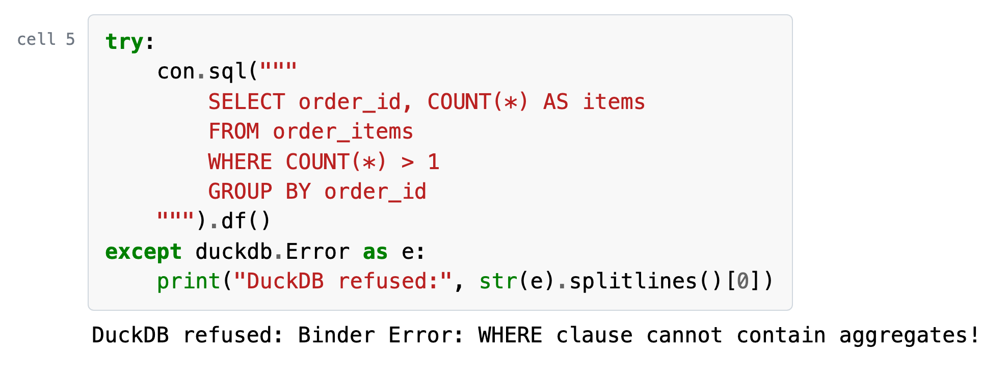 Cell 5, its code and what it printed: The same condition in WHERE